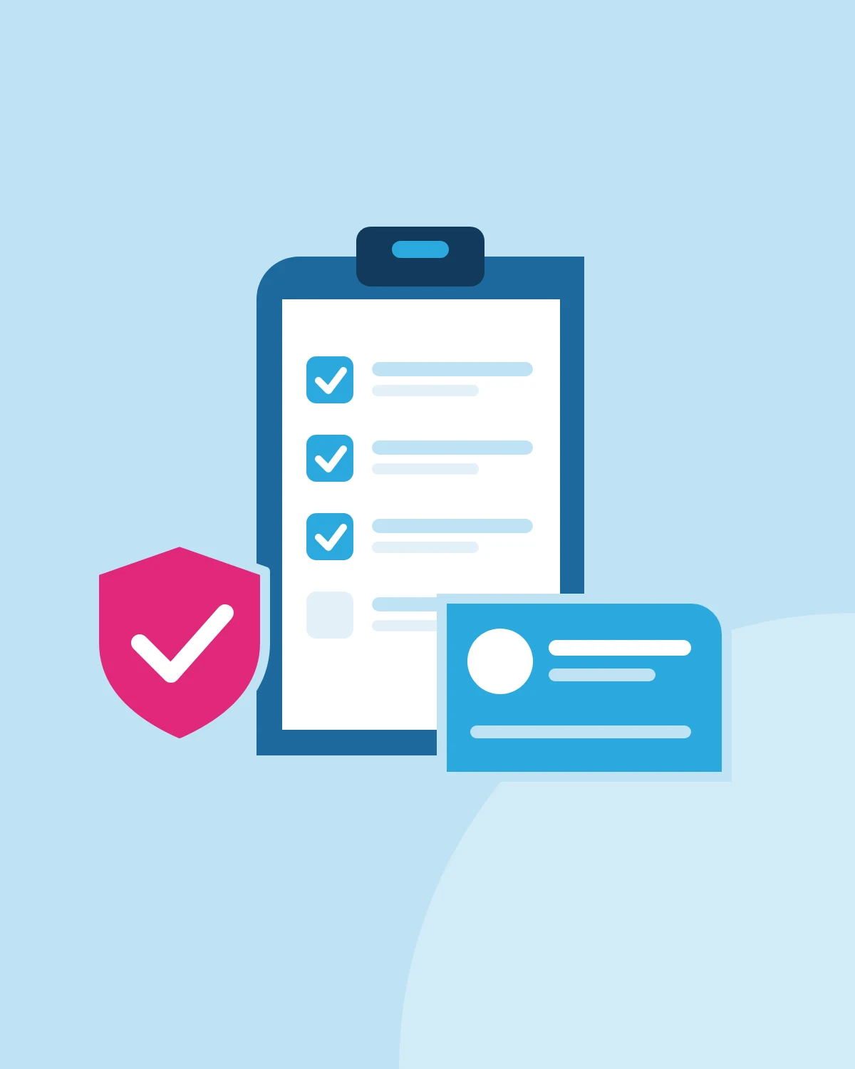 Illustration of a checklist, an ID card and a shield with a check mark
